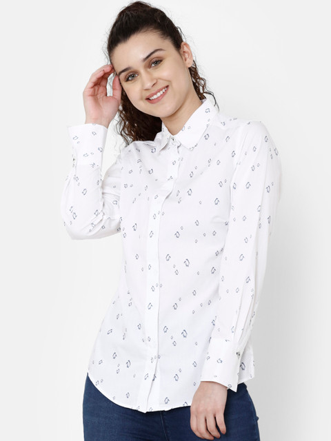 

Double Two Women White & Blue Regular Fit Standard Printed Casual Shirt