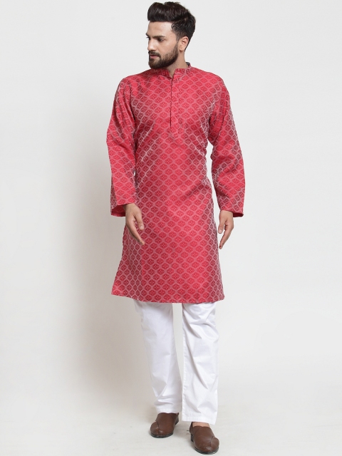 

NEUDIS Men Red & White Self Design Kurta with Trousers