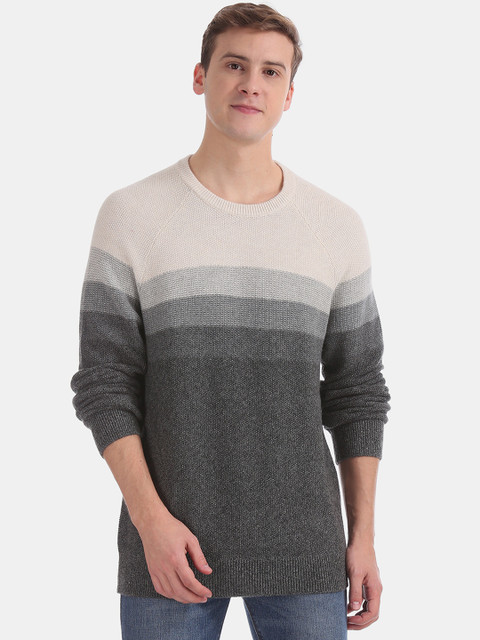 

GAP Men Grey & Off-White Striped Pullover