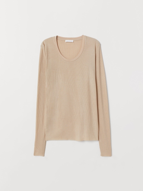 

H&M Women Beige Ribbed Silk-Blend Top