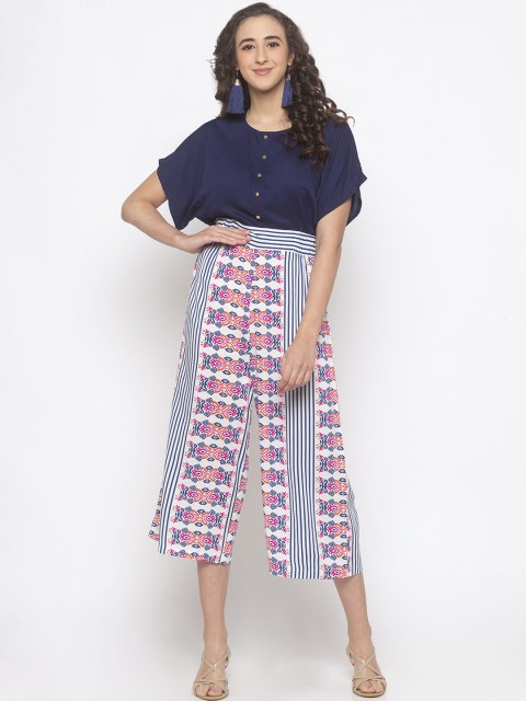 

Globus Women Navy Blue & White Printed Culotte Jumpsuit