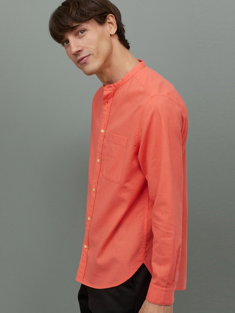H&M Men Orange Solid Grandad Shirt Regular Fit