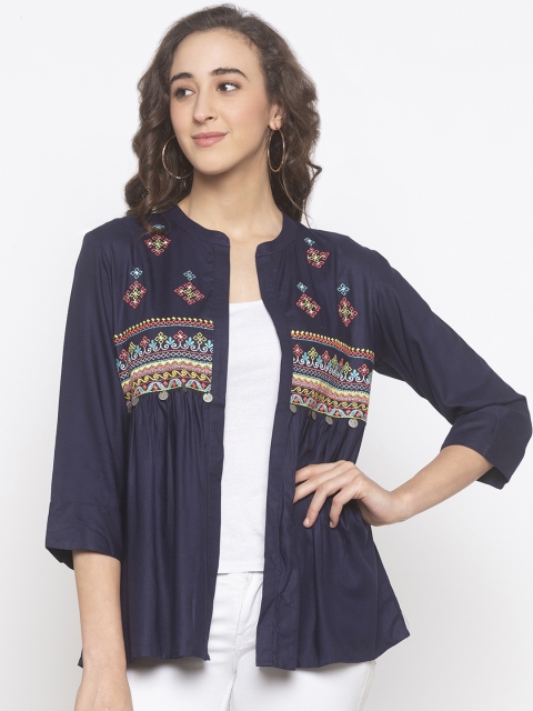 

Globus Women Navy Blue Self-Design Open Front Shrug