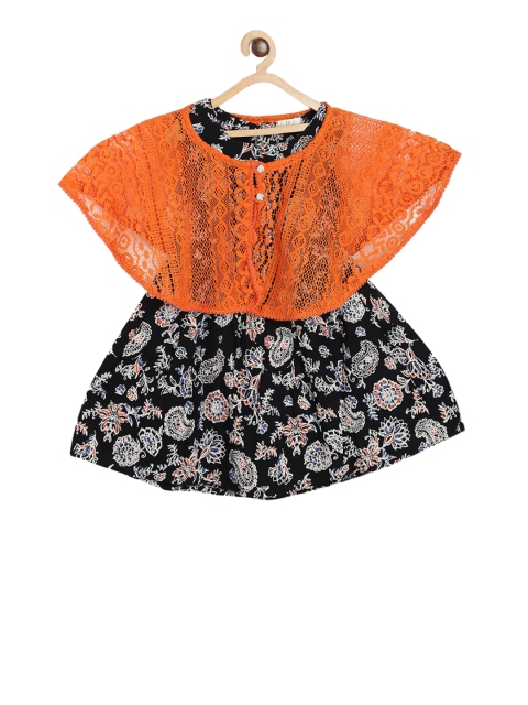 Bella Moda Girls Black & Orange Printed Fit and Flare Dress