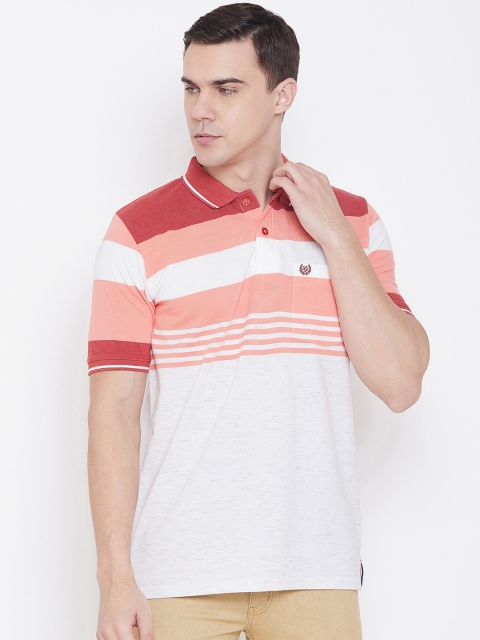 

NEVA Men White & Coral Orange Striped Polo Collar T-shirt