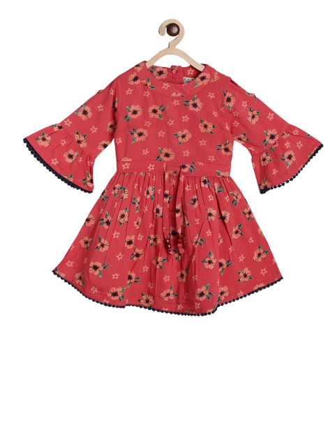 Bella Moda Girls Coral Red Printed Fit and Flare Dress