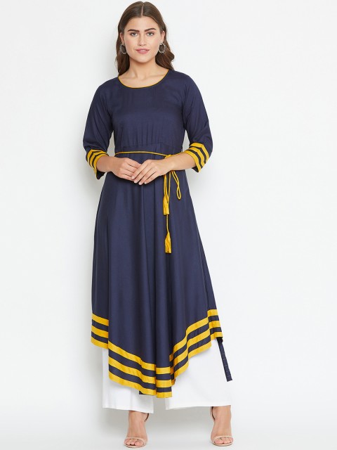 

Castle Women Navy Blue & Yellow Striped Asymmetric A-Line Kurta