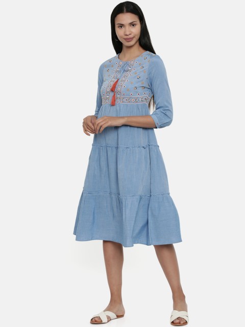 

Chumbak Women Blue Printed Fit and Flare Tiered A-Line Dress