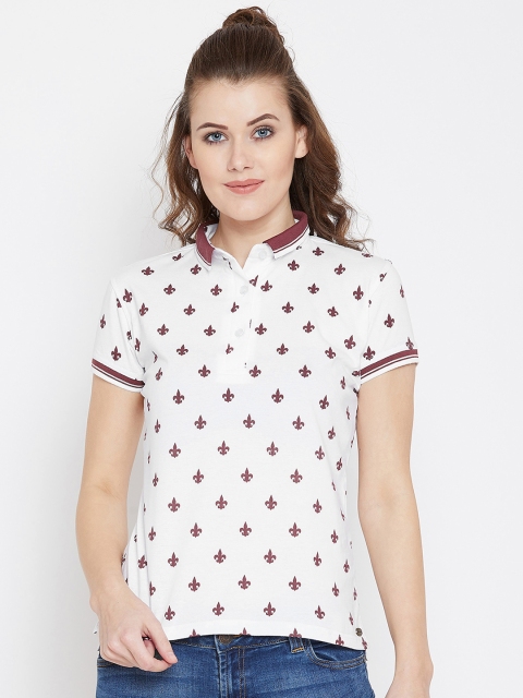 

JUMP USA Women White & Maroon Printed Polo Collar T-shirt