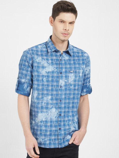

Solemio Men Blue & White Regular Fit Checked Casual Shirt
