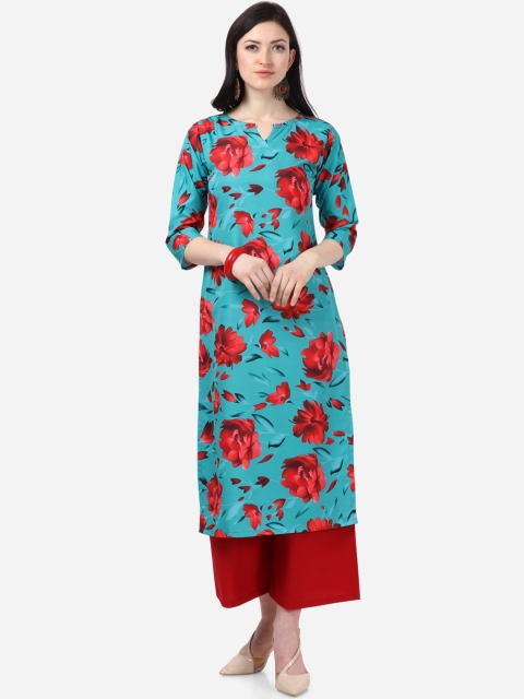 

Florence Women Turquoise Blue & Red Floral Printed Straight Kurta