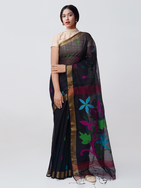 

Unnati Silks Black Silk Cotton Woven Design Maheshwari Sustainable Saree