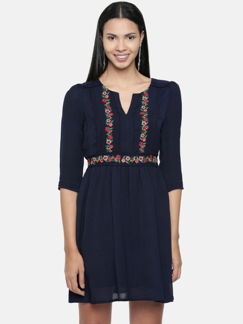

Chumbak Women Navy Blue Floral Embroidered Blouson Dress