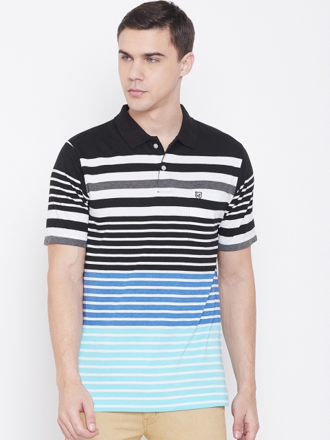 

NEVA Men Black & White Striped Polo Collar T-shirt
