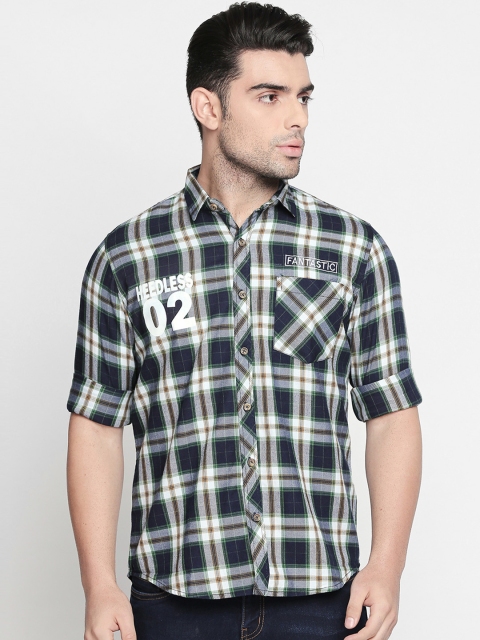 

Solemio Men Navy Blue & White Regular Fit Checked Casual Shirt
