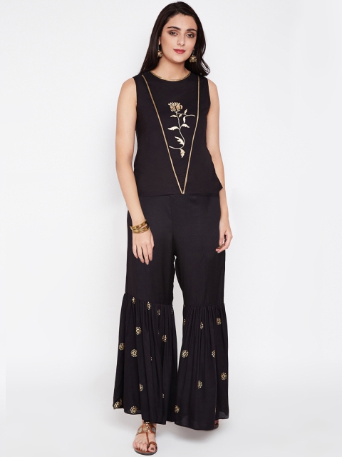 

studio rasa Women Black & Gold-Coloured Hand Block Printed Top with Sharara