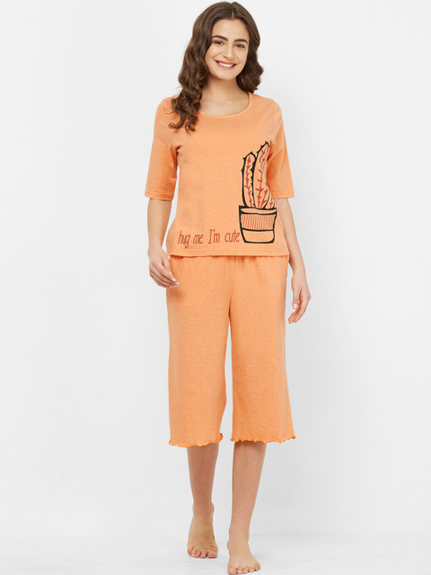 

Mystere Paris Women Orange Printed Night Suit