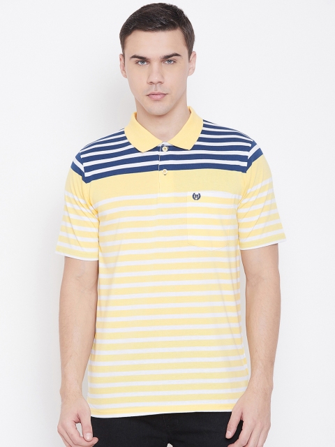NEVA Men Yellow & White Striped Polo Collar T-shirt