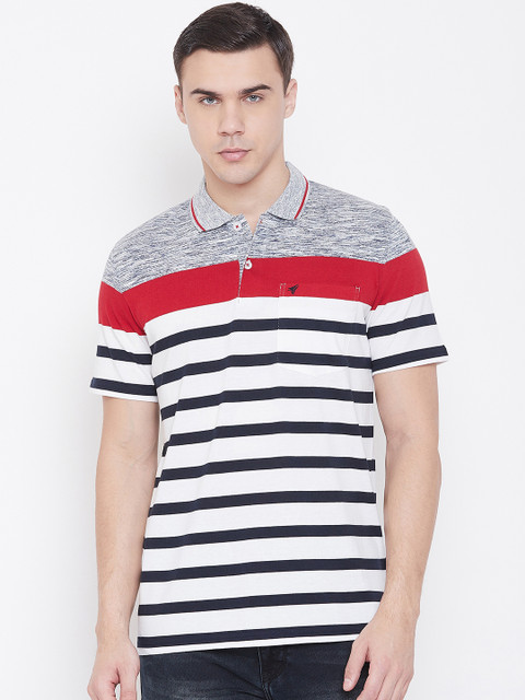 

NEVA Men White & Navy Blue Striped Polo Collar T-shirt