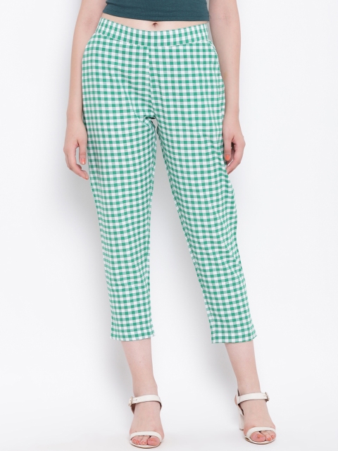 

FABNEST Women Green & White Relaxed Regular Fit Checked Crop Cigarette Trousers