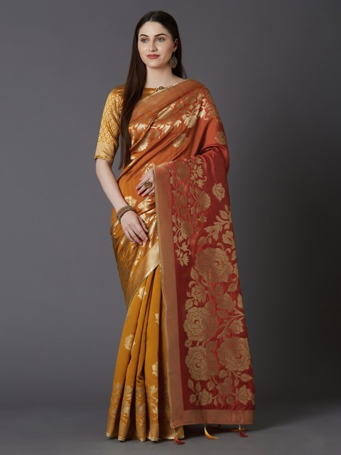 

Mitera Orange & Gold-Toned Silk Blend Woven Design Kanjeevaram Saree