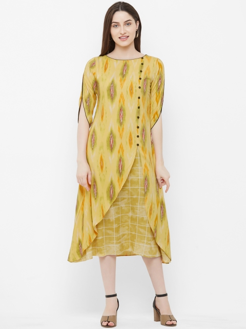 

INDE by MISH Women Yellow & Olive Green Printed A-Line Kurta