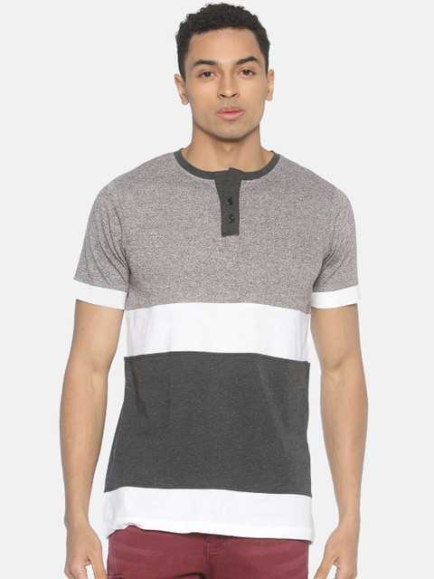 

IMPACKT Men White & Charcoal Grey Colourblocked Henley Neck T-shirt