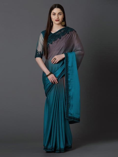 

Mitera Teal Green & Grey Pure Georgette Dyed Party Saree