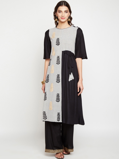 

studio rasa Women Black & White Striped A-Line Kurta