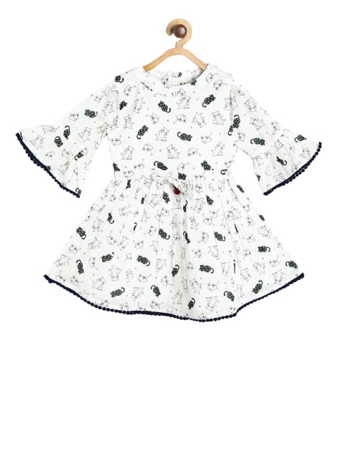 

Bella Moda Girls White & Green Quirky Printed Fit and Flare Dress