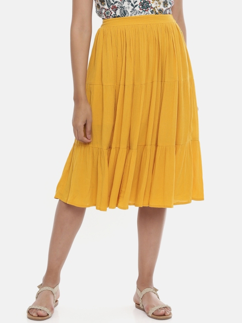 Chumbak Women Mustard Yellow Solid Tiered Midi Skirt