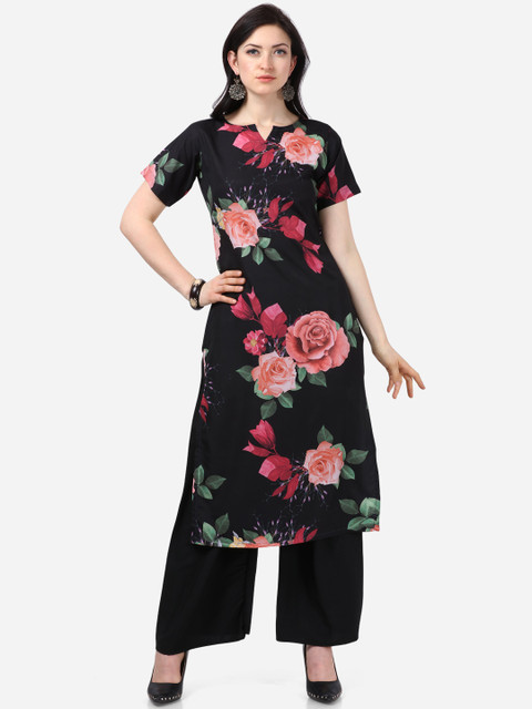 

Florence Women Black & Pink Floral Print Straight Kurta