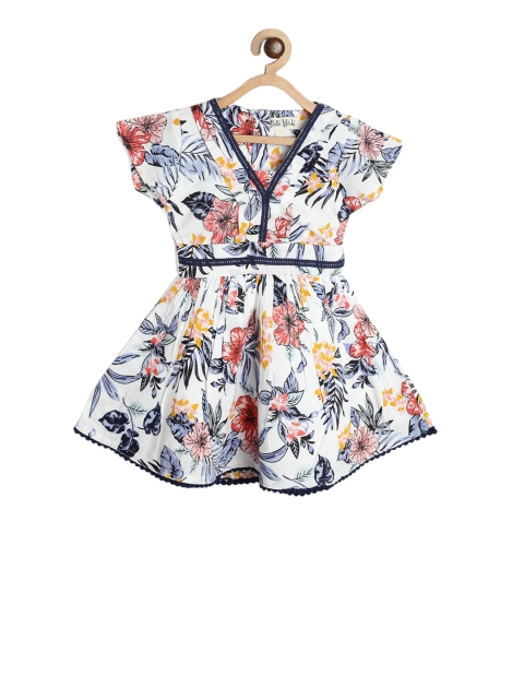 

Bella Moda Girls White & Peach-Coloured Printed Fit and Flare Dress