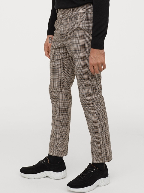 H&M Men Beige &Black Checked Suit Trousers Skinny Fit