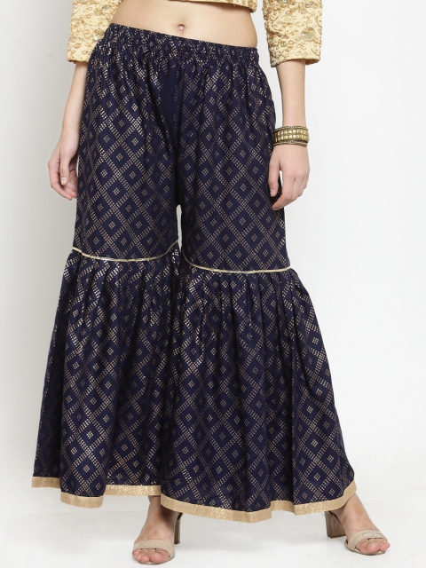 

Clora Creation Women Navy Blue & Gold-Toned Printed Flared Palazzos