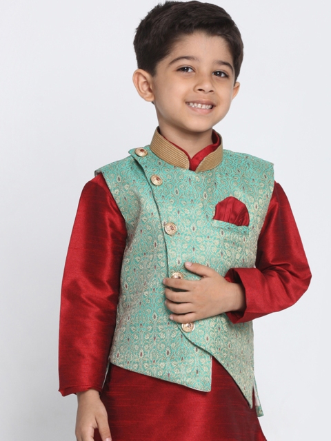 

JBN Creation Boys Green & Gold-Toned Woven Design Nehru Jacket