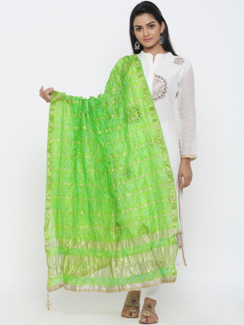 

SOUNDARYA Lime Green & Gold-Coloured Striped Art Silk Dupatta