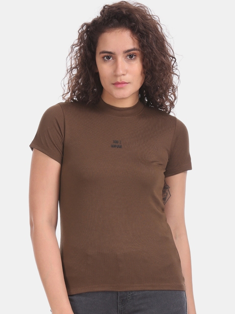 

Sugr Women Brown Solid High Neck T-shirt
