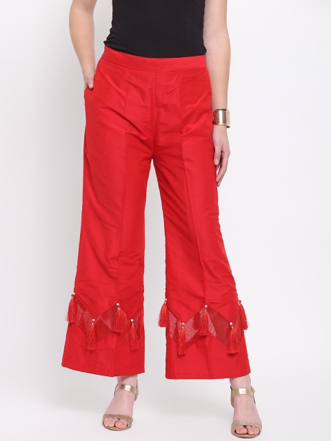 

RIVI Women Red Solid Silk Straight Palazzos