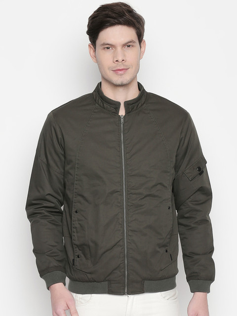 

Status Quo Men Olive Green Solid Bomber Jacket