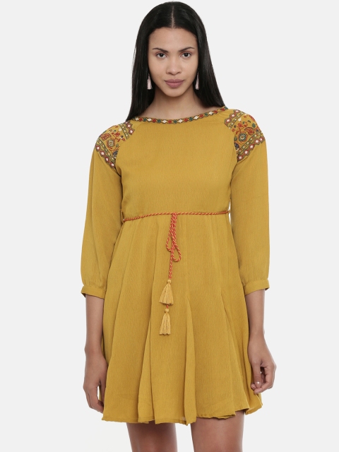 

Chumbak Women Mustard Yellow Embroidered Fit and Flare Dress