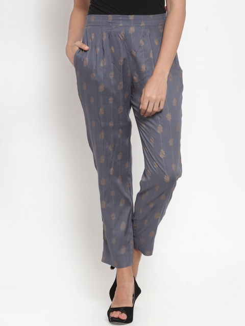 

Indibelle Women Grey & Gold-Coloured Regular Fit Printed Cigarette Trousers