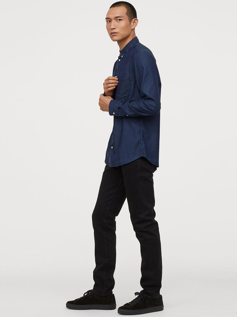 

H&M Men Navy Blue Lyocell-Blend Shirt Slim Fit