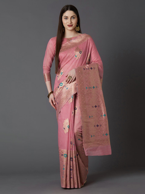 

Mitera Pink & Gold-Toned Silk Blend Woven Design Kanjeevaram Saree