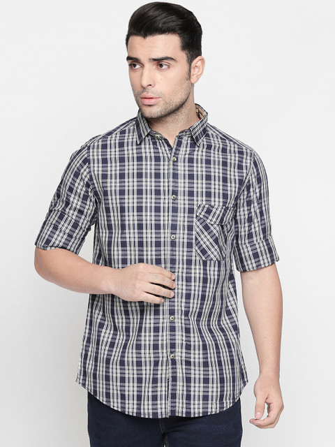 

Solemio Men Grey & Blue Regular Fit Checked Casual Shirt