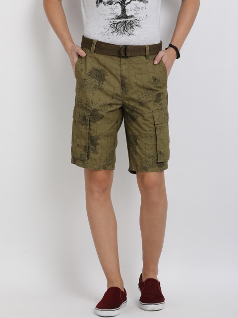 

t-base Men Olive Green Printed Regular Fit Cargo Shorts