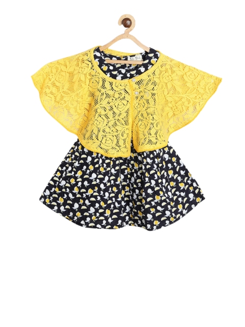 

Bella Moda Girls Navy Blue & Yellow Printed Fit and Flare Dress