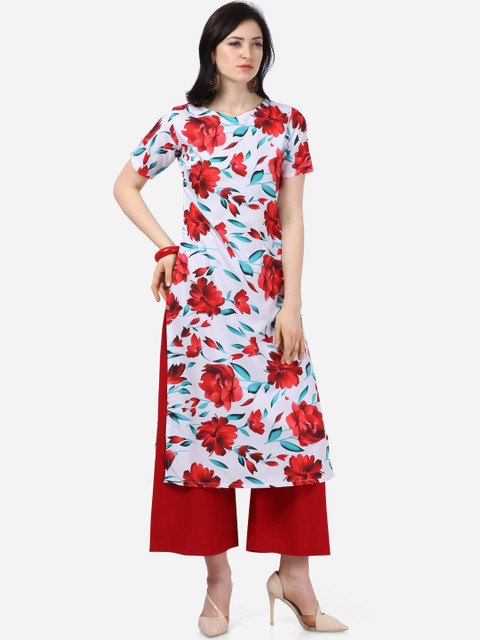 

Florence Women White & Red Floral Printed Straight Kurta