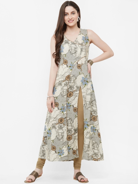 

INDE by MISH Women Grey & Beige Printed A-Line Kurta