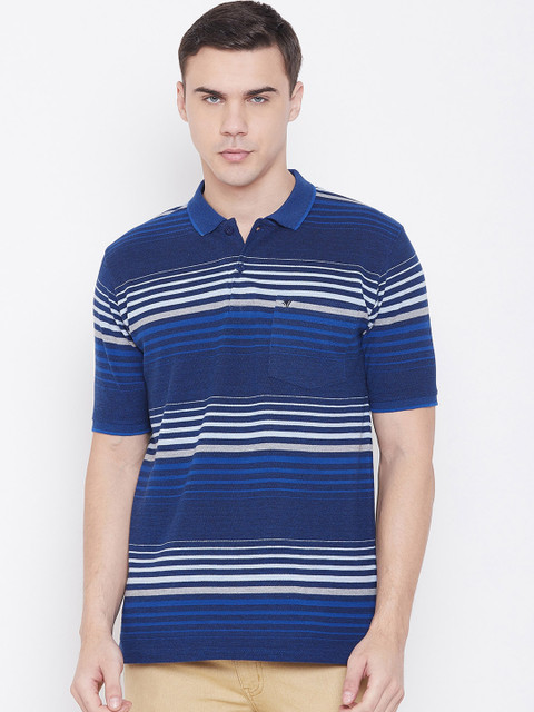 

NEVA Men Blue & White Striped Polo Collar T-shirt